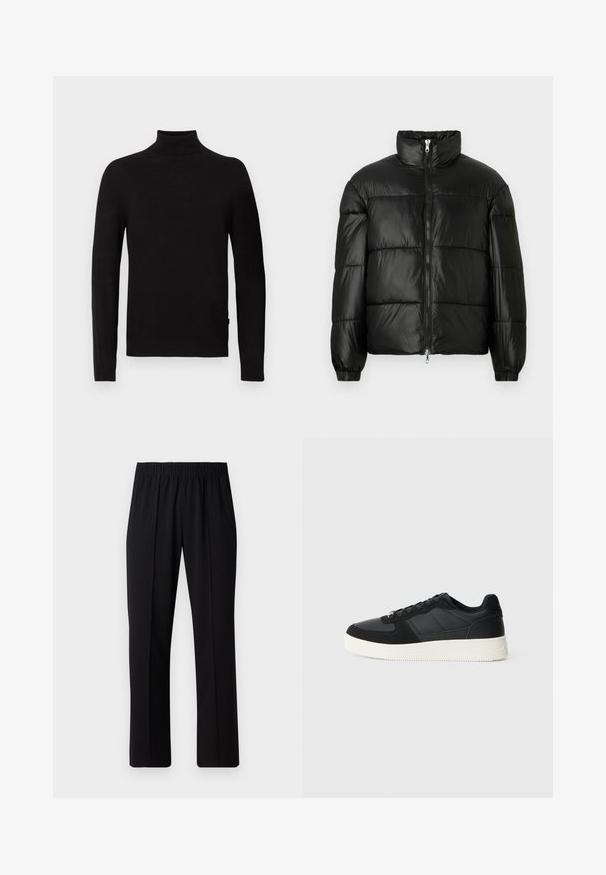 Zwarte pufferjack met een hoge kraag, ritsvoorzijde, gestikt ontwerp, elastische manchetten en een glanzende, gladde stofafwerking.; Zwarte lange mouw turtleneck trui met geribde kraag, manchetten en zoom, tentoongesteld tegen een witte achtergrond.; Zwarte, elastische broek met rechte pijpen, met een gladde textuur en zonder zichtbare patronen of hardware.; Zwarte low-top sneaker met gestructureerd leer en suède panelen, witte rubberen zool en zwarte veters op een effen lichte achtergrond.