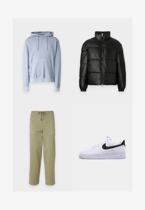 Black puffer jacket with a high collar, zip front closure, quilted design, elastic cuffs, and shiny, smooth fabric finish.; Light blue hoodie made of soft fabric with a front pocket, drawstring hood, and ribbed cuffs and hem. Smooth, basic design with no patterns.; Light olive green pants made of cotton blend fabric, featuring an elastic waistband with drawstring, and two large side pockets.; White leather sneaker with a textured black Swoosh, flat laces, and a rubber sole featuring a ridged pattern. "AIR" is embossed on the heel.