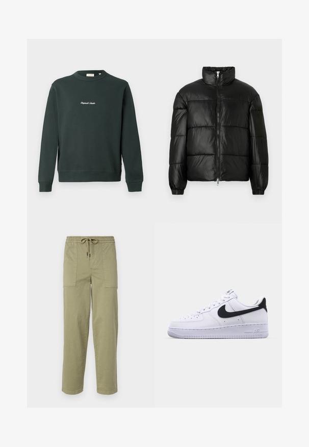 Melna pūkainā jaka ar augstu apkakli, rāvējslēdzēja priekšējo aizdari, quilted dizainu, elastīgām piedurknēm un spīdīgu, gludu auduma apdari.; Tumši zaļš džemperis ar apaļu kakla izgriezumu, ribotām piedurknēm un apakšmalu. Uz krūtīm ir balts izšūts teksts. Izgatavots no kokvilnas maisījuma auduma.; Gaišolīci zaļas bikses no kokvilnas maisījuma auduma, ar elastīgu jostu un saiti, kā arī divām lielām sānu kabatām.; Balti ādas kedas ar strukturētu melnu Swoosh, plakaniem šņorēm un gumijas zoli ar rievotu rakstu. Uz papēža ir iepresēts vārds "AIR".