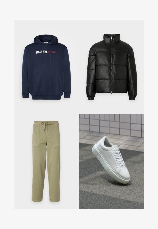 Melna pūkainā jaka ar augstu apkakli, rāvējslēdzēja priekšējo aizdari, quilted dizainu, elastīgām piedurknēm un spīdīgu, gludu auduma apdari.; Tumši zils džemperis ar kangarū suportu, ar auklītes kapuci un baltiem/sarkaniem ieprintētiem uzrakstiem "JACK & JONES" pāri krūtīm.; Gaišolīci zaļas bikses no kokvilnas maisījuma auduma, ar elastīgu jostu un saiti, kā arī divām lielām sānu kabatām.; Baltas ādas sporta apavi ar gludu virsmu, apaļu pirkstu un plakanām baltām šņorēm. Iezīmējas ar strukturētu gumijas zoli un minimālisma dizaina elementiem.