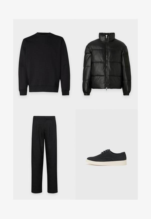 Zwarte pufferjack met een hoge kraag, ritsvoorzijde, gestikt ontwerp, elastische manchetten en een glanzende, gladde stofafwerking.; Zwarte sweatshirt gemaakt van zachte stof, met een ronde halslijn, lange mouwen en ribgebreide manchetten en onderzoom voor een aansluitende look.; Zwarte broeken van gladde stof, met een recht model, twee voorknikken en een standaard tailleband met riemlussen.; Zwarte suède veterschoenen met een ronde neus, een lichte roomkleurige zool en subtiele blauwe stikselaccenten op het bovenwerk.
