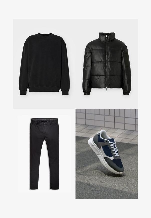 Μαύρο μπουφάν με φουσκωτό σχέδιο, ψηλό γιακά, κλείσιμο με φερμουάρ μπροστά, ραφές τύπου καπιτονέ, ελαστικές μανσέτες και γυαλιστερή, λεία υφή.; Μαύρο φούτερ από μαλακό ύφασμα, με στρογγυλή λαιμόκοψη, χαμηλούς ώμους και ριμπ μανίκια και στρίφωμα. Λείο υλικό χωρίς σχέδια.; Μαύρες βαμβακερές chinos με tapered fit, που διαθέτουν πέντε τσέπες, θηλιές για ζώνη και απαλό υφή. Φερμουάρ με κουμπί.; Αθλητικά παπούτσια με επάνω μέρος από ναυτικό μπλε διχτυωτό ύφασμα, γκρι σουέτ λεπτομέρειες, λευκή καουτσούκ σόλα και επίπεδα λευκά κορδόνια, σχεδιασμένα για άνεση και αερισμό.
