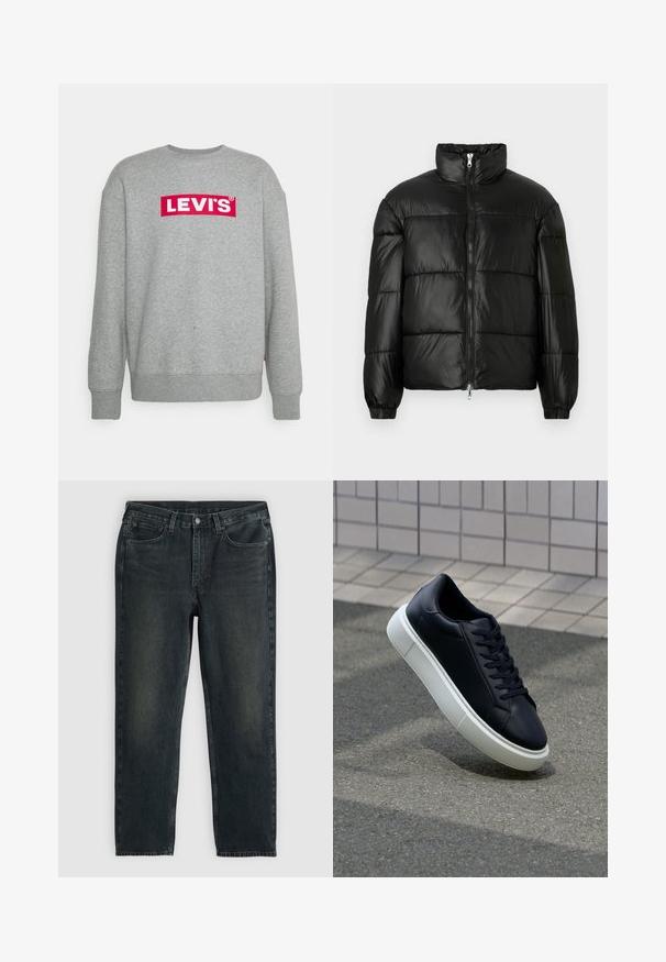 Svart puffjacka med hög krage, dragkedja fram, kviltat mönster, elastiska ärmslut och en blänkande, slät ytfinish.; Levi's® RELAXED GRAPHIC CREW UNSIEX - Sweatshirt - grey; Mörkblå denimjeans med rak benstil, med fem fickor, dragkedja och kontrasterande sömmar. Subtil utblödning på tyget.; Svart lädersneaker med rundad tå och vit gummisula. Har platta snören och minimal sömnad på ovansidan. Texturerad sula för grepp.