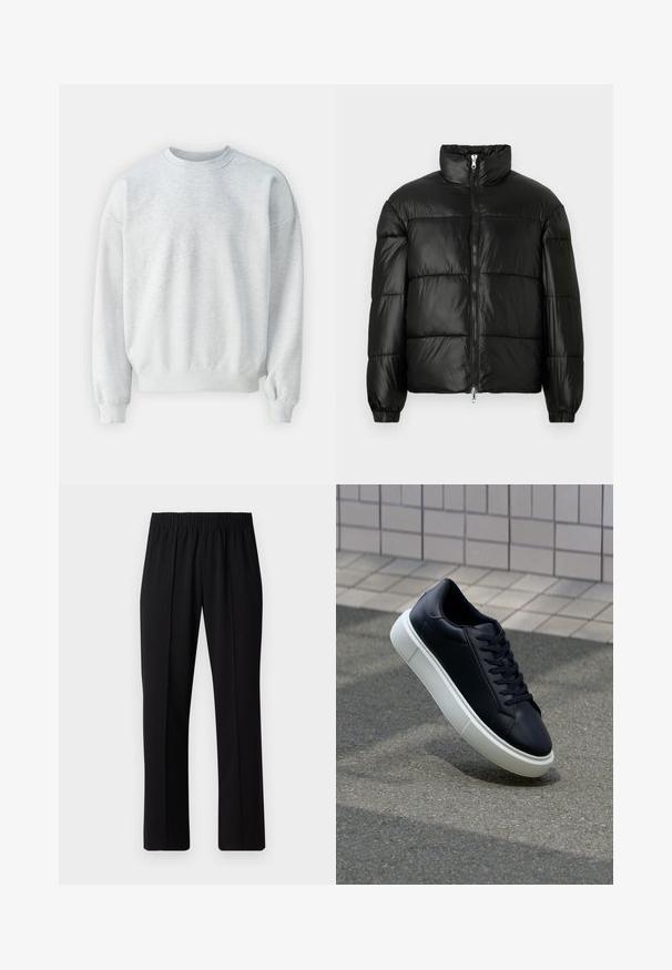 Giacca a vento nera con colletto alto, chiusura frontale con zip, design trapuntato, polsini elasticizzati e finitura in tessuto lucido e liscio.; Felpa grigia chiara realizzata in un tessuto morbido, con colletto a girocollo, polsini a costine e vestibilità rilassata con spalle leggermente scese.; Pantaloni neri con vita elasticizzata e design a gamba dritta, caratterizzati da una texture liscia e senza motivi o hardware visibili.; Sneaker in pelle nera con punta arrotondata e suola in gomma bianca. Presenta lacci piatti e cuciture minime sulla parte superiore. Suola testurizzata per una migliore aderenza.
