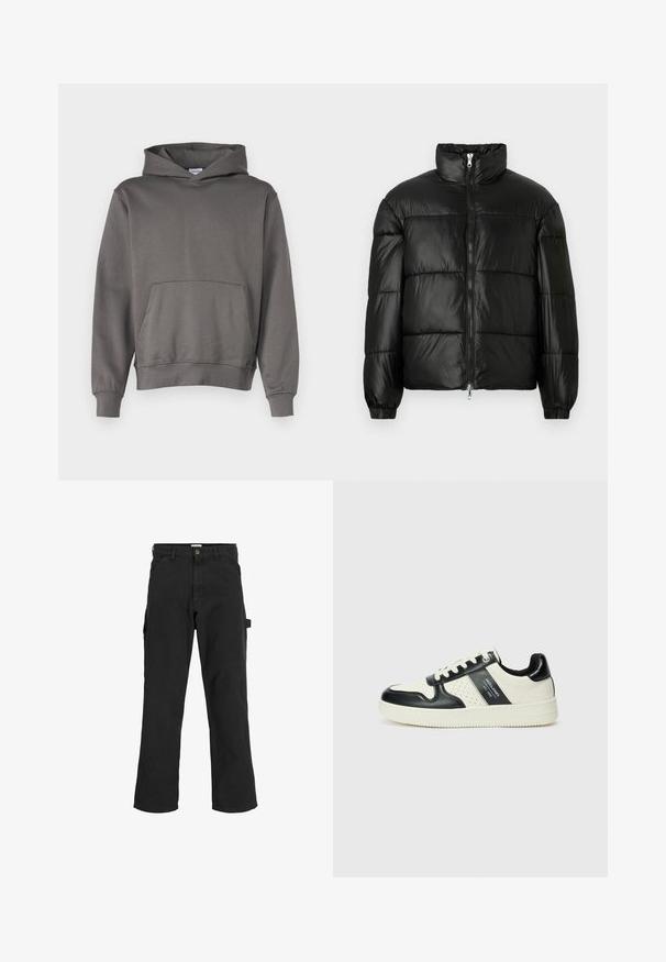 Černá péřová bunda s vysokým límcem, zapínáním na zip, prošívaným designem, elastickými manžetami a lesklým, hladkým povrchem.; Šedá mikina s kapucí vyrobená z měkké látky; disponuje klokaní kapsou, nastavitelnou kapucí se šňůrkou a žebrovanými manžetami a lemem. Hladká textura.; Černé cargo kalhoty z bavlněné směsi. Mají široké nohavice, přední šikmé kapsy a boční kapsu s poutkem na doplňky.; Kožené tenisky s černobílou barevnou kombinací, které mají perforované detaily, polstrovaný límec a texturovanou podrážku.