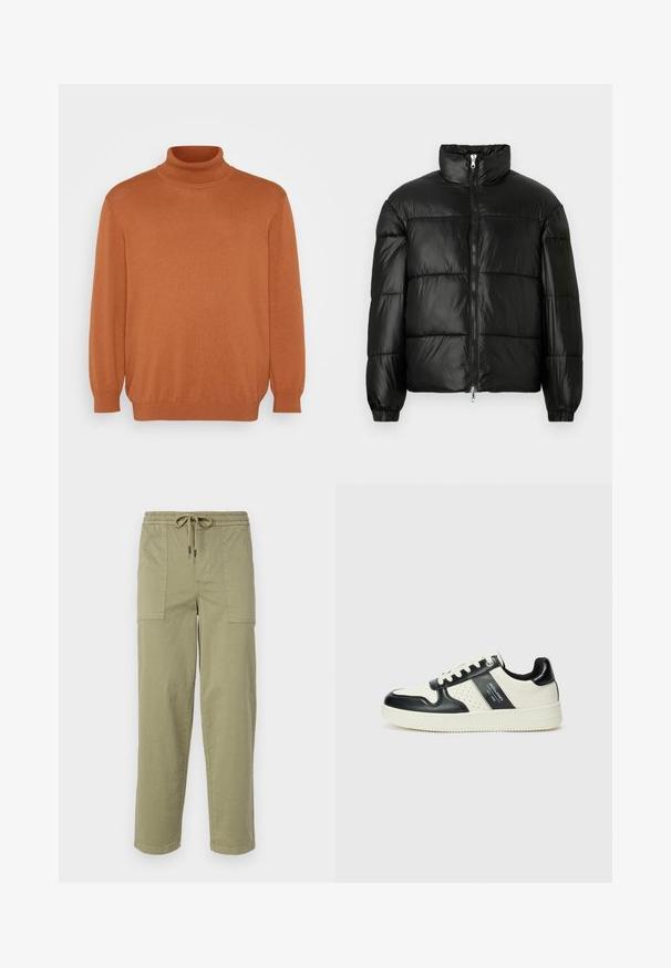 Fekete puffernadrág magas gallérral, cipzáras elülső záródással, steppelt kialakítással, elasztikus mandzsettákkal és fényes, sima szövetfelülettel.; Jack & Jones JJEEMIL ROLL NECK - Pulóver - mocha bisque; Világos olíva zöld színű, pamut keverékből készült nadrág, rugalmas derékrésszel és zsinórral, valamint két nagy oldalzsebbel.; Fekete és krém színű bőrsneaker, perforált díszítésekkel, párnázott bokapánttal és texturált talppal.