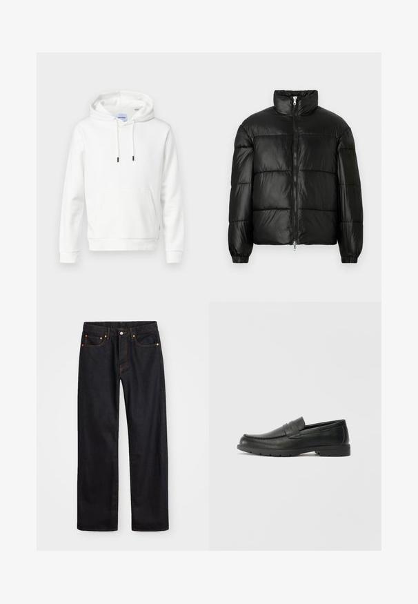 Giacca a vento nera con colletto alto, chiusura frontale con zip, design trapuntato, polsini elasticizzati e finitura in tessuto lucido e liscio.; Felpa bianca in morbido cotone, con tasca frontale, cordini regolabili e polsini a costine. Design semplice e uniforme con una vestibilità rilassata.; Jeans neri in denim dritto da uomo con cinque tasche e cuciture arancioni, chiusura con bottone e zip sulla vita anteriore.; Mocassini neri in pelle con una finitura liscia, parte superiore in stile mocassino, dettagli cuciti e suola in gomma. Design classico con tacco basso.