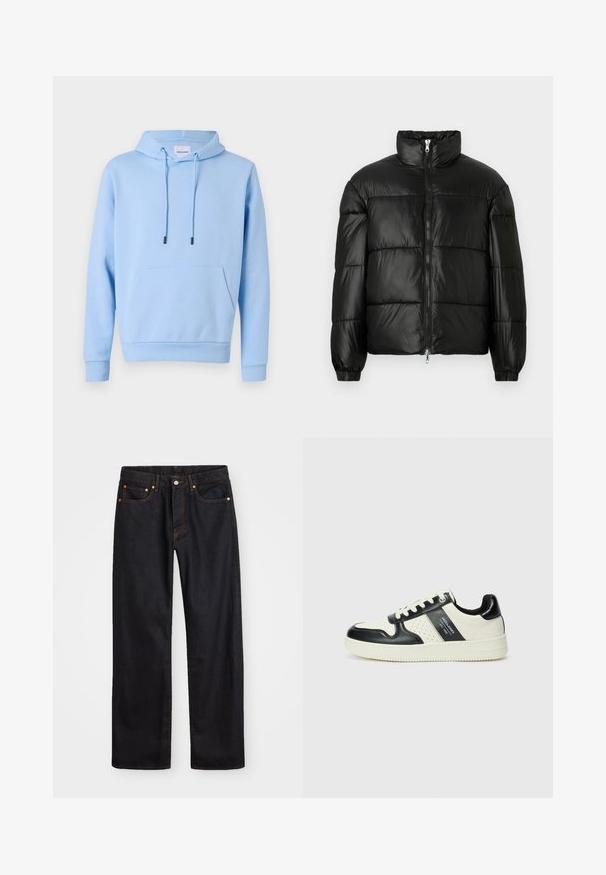 Melna pūkainā jaka ar augstu apkakli, rāvējslēdzēja priekšējo aizdari, quilted dizainu, elastīgām piedurknēm un spīdīgu, gludu auduma apdari.; Gaiši zils hoody no mīksta materiāla, ar priekšējo kabatu, regulējamiem aukliņām un ribotām piedurknēm un apakšmalu.; Vīriešu taisno kāju melnie džinsi ar piecām kabatām un oranžu izšuvumu, ar pogu un zipa aizdari priekšējā jostas daļā.; Ādas sporta apavi ar melnbaltu krāsu shēmu, ar perforētiem akcentiem, mīkstinātu apkakli un teksturētu zoli.
