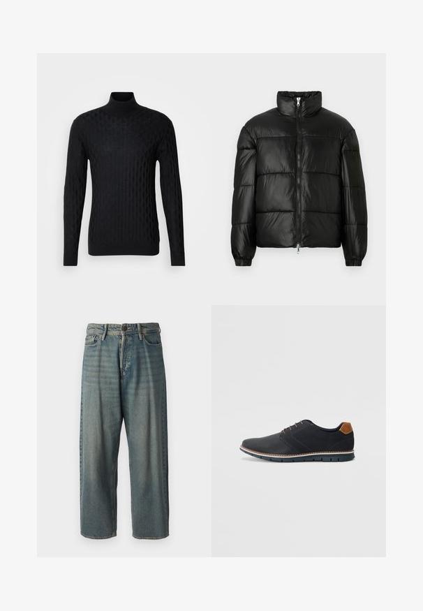 Geacă neagră din material puffy, cu guler înalt, închidere cu fermoar pe față, design matlasat, mansete elastice și finisaj din țesătură lucioasă și netedă.; Pulover negru cu guler înalt, cu un model texturat în diamante, realizat din material tricotat, având mâneci lungi și o siluetă ajustată.; Jeans din denim bleu deschis, cu o croială lejeră, talie medie și picioare drepte. Au cinci buzunare, bucle pentru curea și închidere cu nasture.; Pantofi sintetici negri cu un superior texturat, accente netede, toc maro și o talpă contrastantă. Prezintă un șnur minimalist și detalii de cusătură.