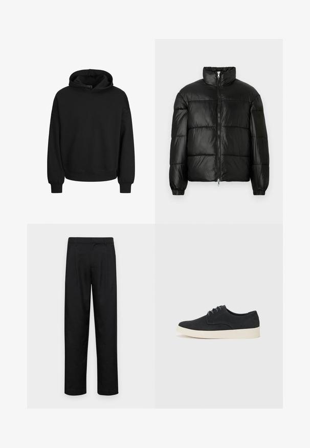 Giacca a vento nera con colletto alto, chiusura frontale con zip, design trapuntato, polsini elasticizzati e finitura in tessuto lucido e liscio.; Felpa nera con cappuccio realizzata in tessuto morbido, dotata di cappuccio con cordino, maniche lunghe e polsini e fondo a costine. Design semplice senza motivi.; Pantaloni neri realizzati in tessuto liscio, caratterizzati da un taglio dritto, due pieghe frontali e una vita standard con passanti per la cintura.; Scarpa in suede nera con lacci, punta arrotondata, suola leggera color crema e dettagli di cucitura blu discreti sulla parte superiore.