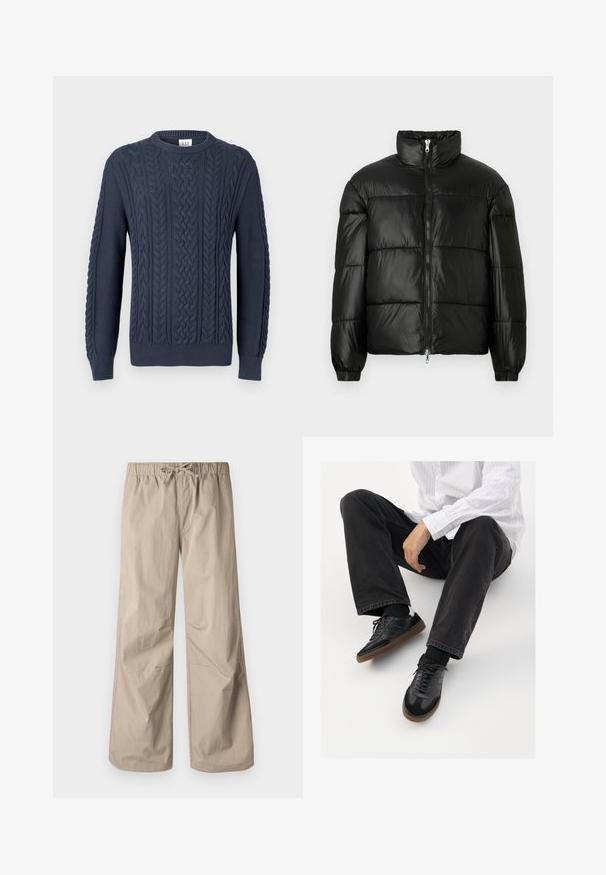 Black puffer jacket with a high collar, zip front closure, quilted design, elastic cuffs, and shiny, smooth fabric finish.; Navy blue cable-knit sweater with a round neck, ribbed cuffs, and hem, featuring a textured pattern and woven design.; Beige wide-leg pants with an elastic waistband and drawstring. Smooth texture, two side pockets, and minimal seams for a relaxed fit.; Black sneakers with a smooth and textured upper, featuring a rubber sole and dark laces. Paired with black jeans and a white striped shirt.