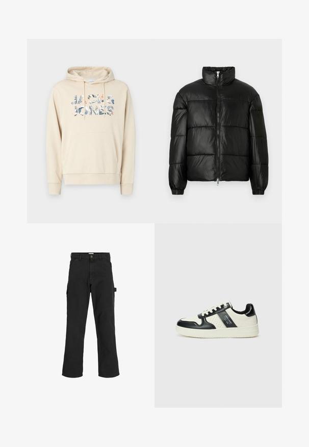 Schwarze Daunenjacke mit hohem Kragen, Reißverschluss vorne, gestepptem Design, elastischen Bündchen und glänzendem, glattem Stofffinish.; Beige Kapuzenpullover mit Kängurutasche und verstellbarem Kapuzenzug. Mit einem mehrfarbigen grafischen Text "JACK & JONES" im tropischen Design.; Schwarze Cargo-Hosen aus einem Baumwoll-Mischgewebe. Mit weitem Bein, schrägen Taschen vorne und einer Seitentasche mit einer Schlaufe für Accessoires.; Leder-Sneaker in Schwarz- und Cremetönen, mit perforierten Akzenten, einem gepolsterten Kragen und einer strukturierten Laufsohle.