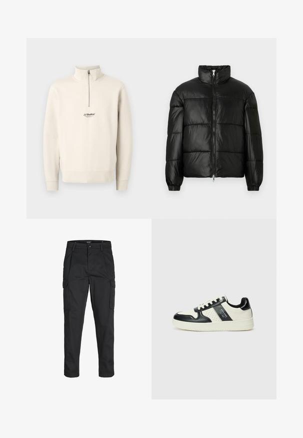 Czarna kurtka puchowa z wysokim kołnierzem, zapięciem na zamek błyskawiczny z przodu, pikowanym wzorem, elastycznymi mankietami oraz błyszczącym, gładkim wykończeniem materiału.; Beżowa bluza z długim rękawem i zamkiem błyskawicznym do jednej czwartej, posiadająca prążkowane mankiety. Na piersi widnieje małe czarne logo "JJ Studios". Wykonana z miękkiego materiału.; Czarne spodnie cargo wykonane z wytrzymałego materiału, z wieloma kieszeniami, zapięciem na guzik oraz zwężanym krojem nogawek.; Skórzane sneakersy w czarno-kremowym schemacie kolorystycznym, z perforowanymi akcentami, wyściełanym kołnierzem i teksturowaną podeszwą.
