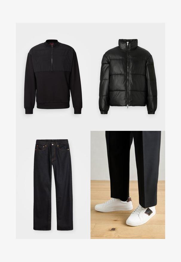 Melna pūkainā jaka ar augstu apkakli, rāvējslēdzēja priekšējo aizdari, quilted dizainu, elastīgām piedurknēm un spīdīgu, gludu auduma apdari.; Melna puloverjakieta ar augstu apkakli, ar matētu auduma augšdaļu un faktūru apakšdaļu. Ar rāvējslēdzēja aizdari pie kakla.; Vīriešu taisno kāju melnie džinsi ar piecām kabatām un oranžu izšuvumu, ar pogu un zipa aizdari priekšējā jostas daļā.; Baltā pārsoļa apavi ar gludu tekstūru, papildināti ar brūniem ādas akcentiem un melniem elementiem, savienoti ar melnām pielāgotām biksēm. Koka grīdas fons.