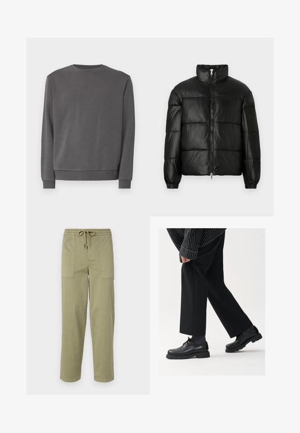 Sort puffet jakke med høj krave, lynlås foran, quiltet design, elastiske manchetter og skinnende, glat stoffinish.; Grå sweatshirt lavet af blødt bomuldsblandingsstof, med rund hals, lange ærmer og ribbede manchetter og kant. Glat tekstur, ingen mønstre.; Lys olivengrønne bukser lavet af en bomuldsblanding, med elastisk talje med snor og to store sidelommer.; Sorte lædersko med rund tå, snørebåndsdesign og tyk, tekstureret sål. Båret sammen med skræddersyede sorte bukser og en ribbet sweater.