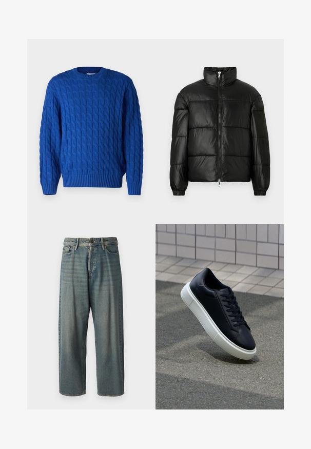 Black puffer jacket with a high collar, zip front closure, quilted design, elastic cuffs, and shiny, smooth fabric finish.; Cable-knit blue sweater with a round neckline, ribbed cuffs and hem, and a textured pattern throughout the fabric.; Light blue denim jeans with a loose fit, mid-rise waist, and straight legs. Features five pockets, belt loops, and a button closure.; Black leather sneaker with rounded toe and white rubber sole. Features flat laces and minimal stitching on the upper. Textured sole for grip.