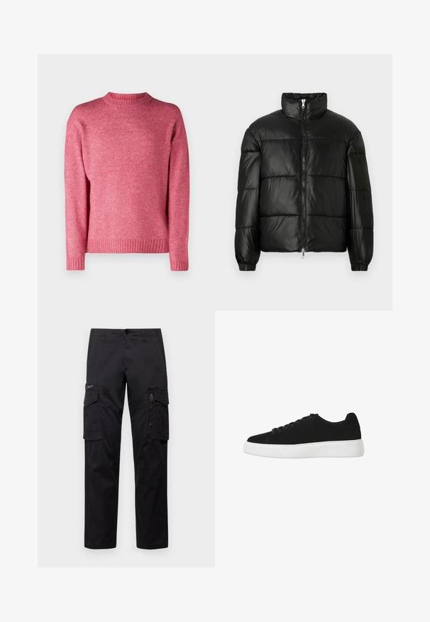 Černá péřová bunda s vysokým límcem, zapínáním na zip, prošívaným designem, elastickými manžetami a lesklým, hladkým povrchem.; Jack & Jones JOROLLIE CREW NECK - Svetr - fuchsia rose; Černé cargo kalhoty s několika kapsami, zipovou kapsou na stehnu, přímým střihem a pevnou bavlněnou tkaninou s lehkým leskem.; Černé semišové tenisky s kulatou špičkou, šněrovacím předkem a bílou gumovou podrážkou. Jednoduchý design s minimálními akcenty a hladkým povrchem.