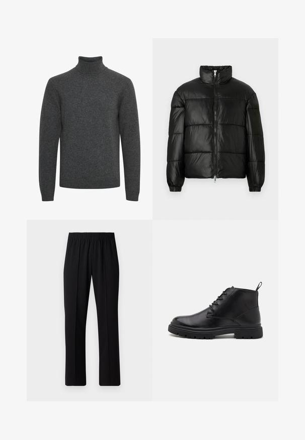Black puffer jacket with a high collar, zip front closure, quilted design, elastic cuffs, and shiny, smooth fabric finish.; Dark gray turtleneck sweater made of soft knit material; features long sleeves and a ribbed collar with a smooth texture throughout.; Black, elastic-waist trousers with a straight-leg design, featuring a smooth texture and no visible patterns or hardware.; Black leather ankle boots with lace-up front, textured sole, and pull tab. Rounded toe and sturdy, traction-enhancing rubber outsole.