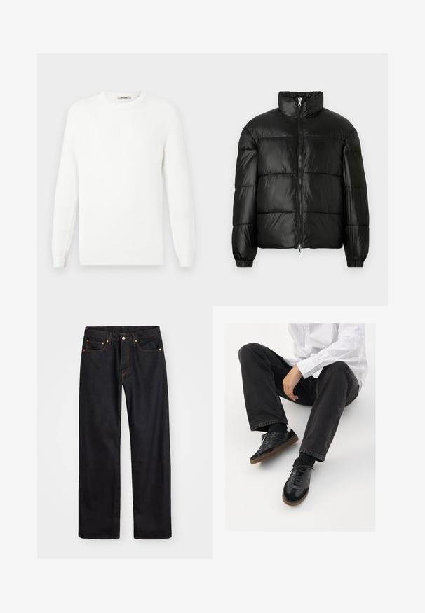 Svart pufferjakke med høy krage, glidelås foran, quiltet design, elastiske mansjetter og blank, glatt stofffinish.; Hvit strikket genser med rund hals og ribbestrikkede mansjetter. Teksturen har en subtil mønstring med horisontale striper.; Men's straight-leg svarte denim jeans med fem lommer og oransje søm, knapp og glidelås lukking foran på midjen.; Svarte joggesko med en glatt og teksturert overflate, med gummisåle og mørke snører. Kombinert med svarte jeans og en hvit stripet skjorte.