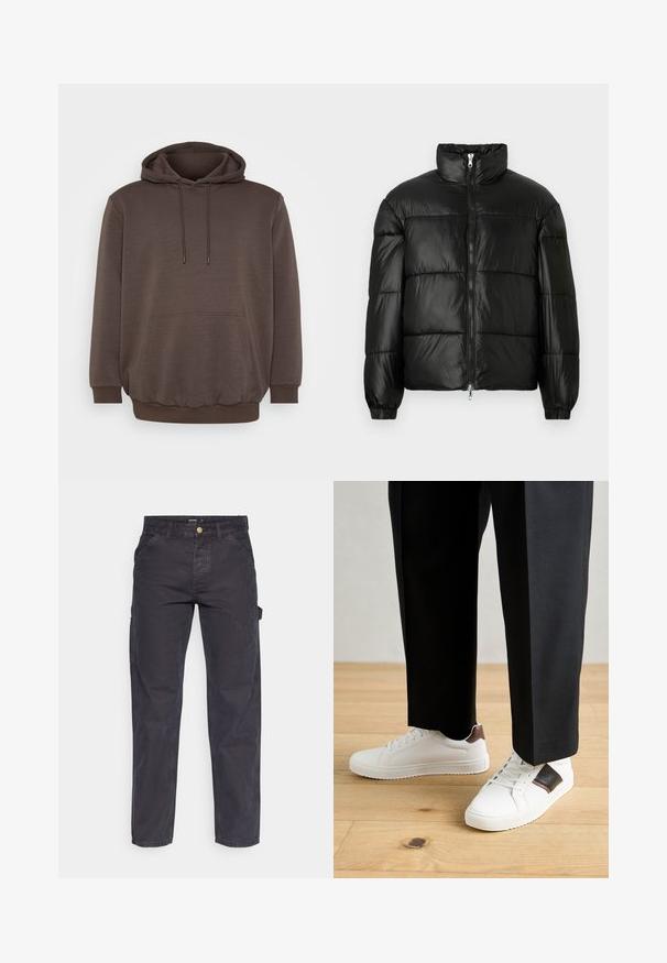 Doudoune noire avec un col montant, fermeture éclair sur le devant, design matelassé, poignets élastiques et finition en tissu lisse et brillant.; Haut à capuche marron en tissu doux, doté d'une poche avant, de cordons de serrage et de bords côtelés aux poignets et à l'ourlet. Design simple sans motifs.; Pantalons cargo gris foncé en tissu durable, avec une coupe droite, cinq poches et une fermeture à bouton à la taille.; Des sneakers blanches au texture lisse, avec des accents en cuir marron et des détails noirs, assorties à un pantalon noir ajusté. Fond en parquet.