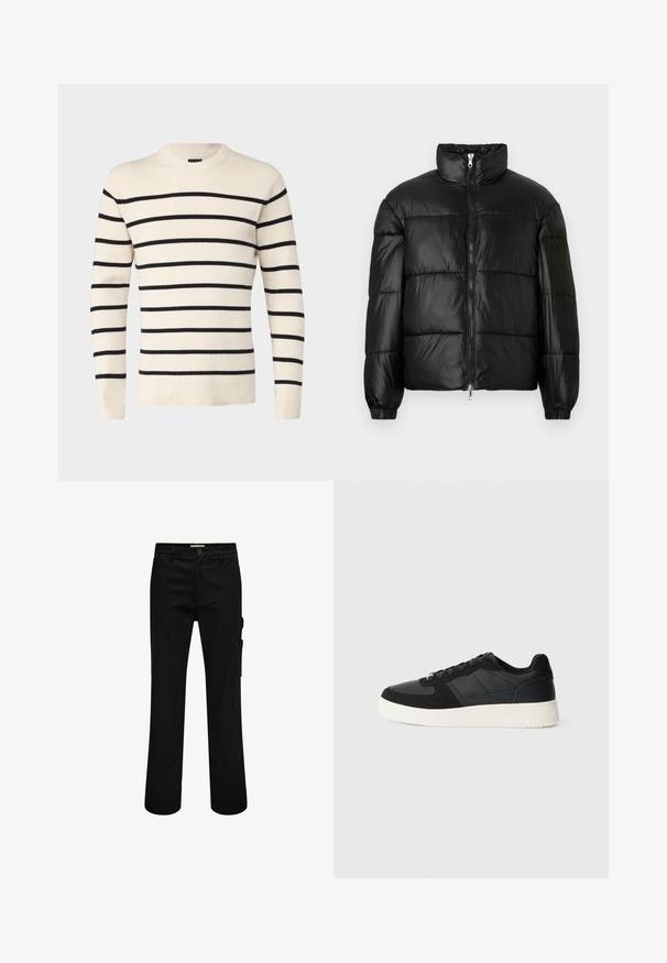Must mustaga jakker, millel on kõrge krae, luku esikinnitus, tikanditud disain, elastsed mansetid ja läikiv, sile kangast viimistlus.; Only & Sons ONSPHIL CREW - Džemper - antique white; Mustad mustriga mustad puuvillased cargo-püksid, sirge jala disainiga, külje tasku, nööbiga kinnitamine ja peened õmblusdetailid.; Mustmustel musta madal sneaker tekstuuriga nahast ja sametist paneelidega, valge kummitald ja mustad suledega, lihtsal heledal taustal.