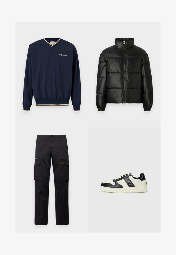 Giacca a vento nera con colletto alto, chiusura frontale con zip, design trapuntato, polsini elasticizzati e finitura in tessuto lucido e liscio.; Pullover blu navy con scollo a V, maniche lunghe, orlo elastico e polsini con dettagli dorati. Presenta "THE PLAYERS" ricamato sul petto.; Pantaloni cargo neri con multiple tasche, tasca con zip sulla coscia, vestibilità dritta e in resistente cotone con un leggero lucido.; Sneakers in pelle con una combinazione di colori nero e crema, dotati di dettagli perforati, collare imbottito e suola testurizzata.
