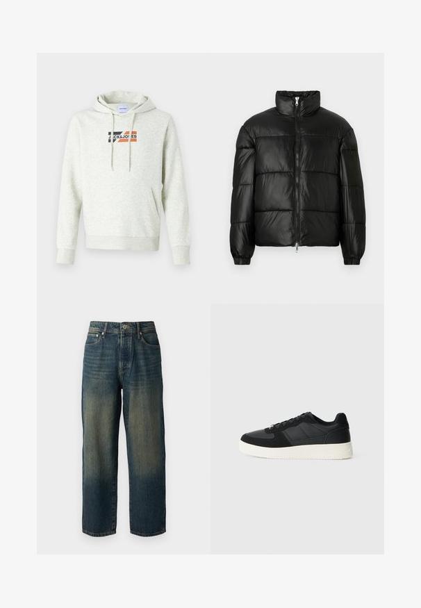 Chaqueta de pluma negra con un cuello alto, cierre frontal con cremallera, diseño acolchado, puños elásticos y acabado de tela brillante y suave.; Sudadera gris claro con un bolsillo frontal, capucha con cordón, y el logotipo impreso "JACK & JONES" con detalles en negro, naranja y rojo.; Jeans de mezclilla azul con corte recto, que presentan un diseño desgastado con tonos más claros hacia el dobladillo, cinco bolsillos y un cierre de botones.; Zapatilla negra de corte bajo con paneles de cuero texturizado y gamuza, suela de goma blanca y cordones negros sobre un fondo claro y liso.