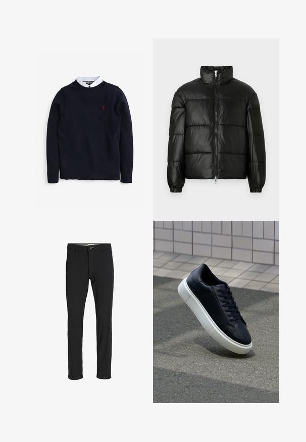 Giacca a vento nera con colletto alto, chiusura frontale con zip, design trapuntato, polsini elasticizzati e finitura in tessuto lucido e liscio.; Maglione blu navy con un motivo a maglia testurizzato, caratterizzato da una camicia bianca sotto e un piccolo logo rosso sul petto.; Pantaloni neri in cotone misto con vestibilità slim, dotati di chiusura con bottone, tasche e orli arrotolati per un look informale.; Sneaker in pelle nera con punta arrotondata e suola in gomma bianca. Presenta lacci piatti e cuciture minime sulla parte superiore. Suola testurizzata per una migliore aderenza.