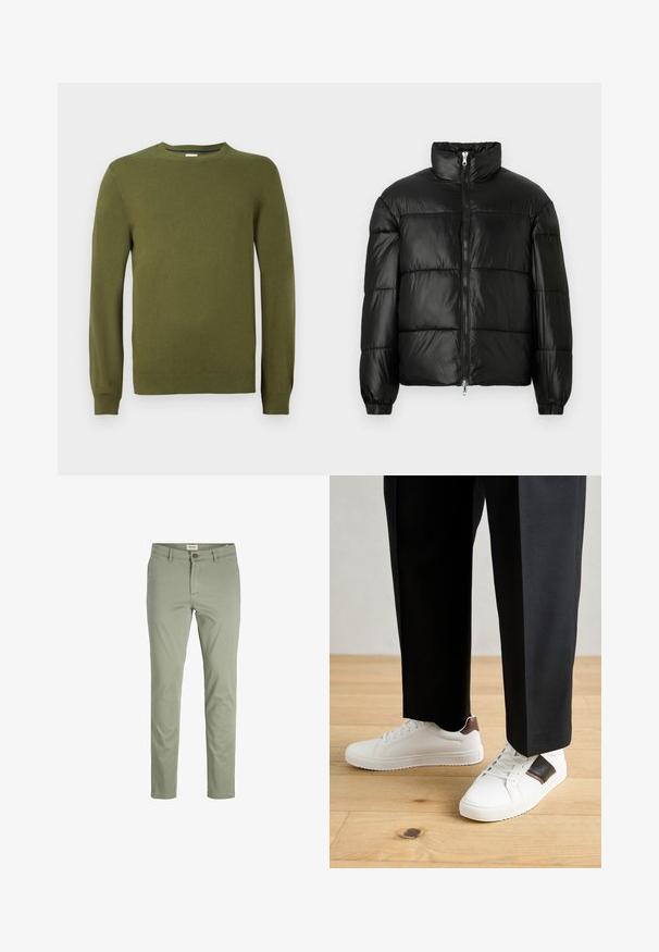 Črna pufasta jakna z visokim ovratnikom, z zadrgo spredaj, prešito zasnovo, elastičnimi manšetami in sijočim, gladkim zaključkom tkanine.; Olivno zelena pletena pulover, okrogli izrez, dolgi rokavi, rebrasti manšeti in rob, gladka tekstura, lahkotna tkanina, udoben dizajn.; Svetlo olivnozeleni hlače iz gladkega materiala, z zadrgo in gumbom, s slim fit krojem in ravnimi nogavicami.; Beli športni copati z gladko teksturo, okrašeni z rjavimi usnjenimi detajli in črnimi poudarki, v kombinaciji s črnimi krojenimi hlačami. Ozadje iz lesenih tal.
