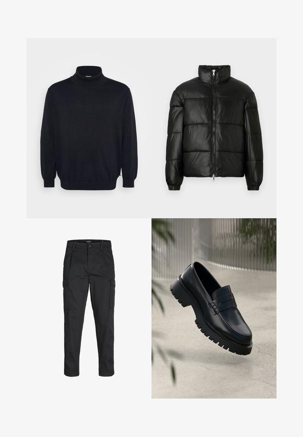 Chaqueta de pluma negra con un cuello alto, cierre frontal con cremallera, diseño acolchado, puños elásticos y acabado de tela brillante y suave.; Suéter de cuello alto negro con mangas largas, con un cuello y puños acanalados, que presenta un ajuste holgado y una textura suave. Diseñado para uso casual.; Pantalones cargo negros hechos de tela resistente, que cuentan con múltiples bolsillos, un cierre de botón y un diseño de corte slim con piernas ajustadas.; Mocasines de cuero negro con suela gruesa, que presentan una correa decorativa y detalles de costura. Textura suave con un acabado pulido.