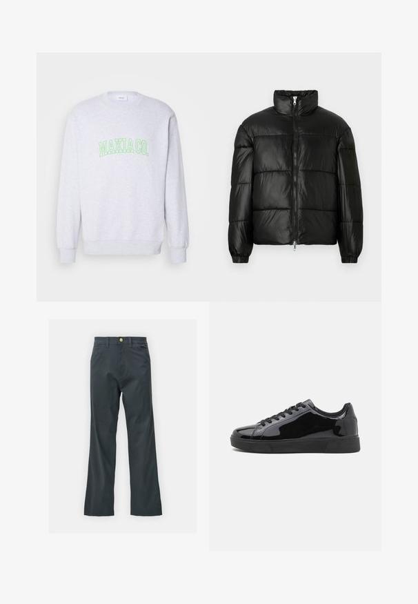 Črna pufasta jakna z visokim ovratnikom, z zadrgo spredaj, prešito zasnovo, elastičnimi manšetami in sijočim, gladkim zaključkom tkanine.; Siva dukserica s okruglim izrezom i dugim rukavima, sa zelenim natpisom "MAKIA CO." preko grudi u podebljanom fontu. Mekana tekstura.; Črne hlače s ravnim krojem, izdelane iz mešanice bombaža. Imajo kovinsko zaponko in stranske žepe. Brez vidnih vzorcev.; Črne patentne usnjene športne copate z okroglo konico, ravnim gumijastim podplatom in črnimi vezalkami. Gladka, sijoča tekstura na zgornji površini.