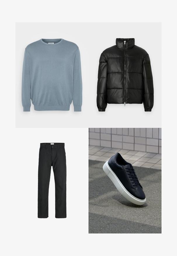 Giacca a vento nera con colletto alto, chiusura frontale con zip, design trapuntato, polsini elasticizzati e finitura in tessuto lucido e liscio.; Maglione azzurro chiaro realizzato in tessuto a maglia, con scollatura rotonda e polsini e orlo a coste. Design semplice con una consistenza morbida.; Pantaloni neri realizzati in tessuto resistente, caratterizzati da un design a gamba dritta, dettagli cuciti e due tasche frontali per la funzionalità.; Sneaker in pelle nera con punta arrotondata e suola in gomma bianca. Presenta lacci piatti e cuciture minime sulla parte superiore. Suola testurizzata per una migliore aderenza.