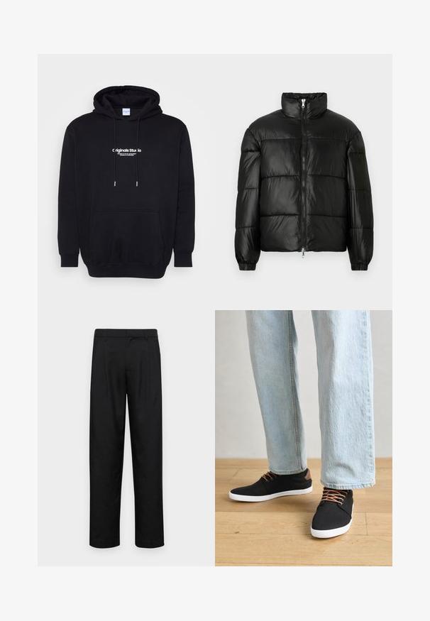 Crna puffer jakna s visokim ovratnikom, zatvaranjem na zip, quilted dizajnom, elastičnim manžetama i sjajnim, glatkim materijalom.; Crna dukserica s kapuljačom, izrađena od mekog materijala, s prednjim džepom i hrabrim bijelim natpisom na prsima. Redoviti kroj s vezicama.; Crne hlače od glatkog materijala, s dizajnom ravnih nogavica, dva prednja nabora i standardnim pojasom s petljama za remen.; Crne platnene tenisice s smešnim detaljima, bijelim gumiranim potplatima i smešnim čipkama, u kombinaciji s svijetloplavim ravnim trapericama. Pozadina od drvenog poda.