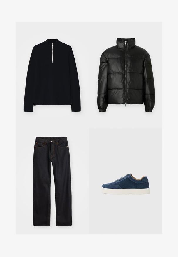 Črna pufasta jakna z visokim ovratnikom, z zadrgo spredaj, prešito zasnovo, elastičnimi manšetami in sijočim, gladkim zaključkom tkanine.; Črn dolg rokav majica iz mehkega materiala, z visokim ovratnikom in polnim zadrgo na sprednji strani, z udobnim krojem.; Moške črne kavbojke ravnega kroja z petimi žepi in oranžnim šivanjem, z gumbom in zadrgo na sprednjem pasu.; Modri semiš športni copati z belim gumijastim podplatom, zavezovanjem, okroglo konico in kontrastno rjav notranjostjo. Diskretni detajli šivov.