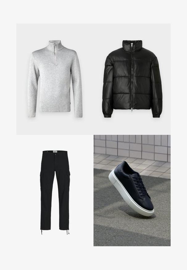 Zwarte pufferjack met een hoge kraag, ritsvoorzijde, gestikt ontwerp, elastische manchetten en een glanzende, gladde stofafwerking.; Jack & Jones PREMIUM JPRBLAMILANO HALF ZIP - Trui - light grey melange; Zwarte cargobroek met een rechte snit, voorzien van zijzakken, een knoopsluiting en elastische trekkoorden bij de enkels. Gemaakt van duurzame stof.; Zwarte leren sneaker met een ronde neus en een witte rubberen zool. Voorzien van platte veters en minimale stiksels op het bovenwerk. Textuurrijke zool voor grip.
