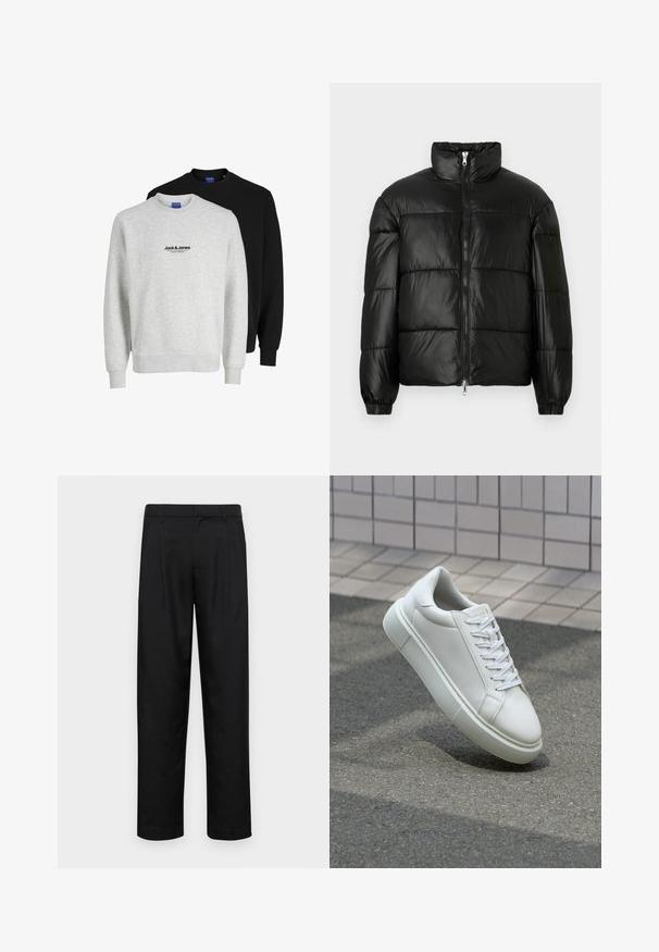 Zwarte pufferjack met een hoge kraag, ritsvoorzijde, gestikt ontwerp, elastische manchetten en een glanzende, gladde stofafwerking.; Twee sweatshirts van Jack & Jones: de ene lichtgrijs met een logo, de andere zwart. Beide hebben ronde halslijnen en geribde manchetten.; Zwarte broeken van gladde stof, met een recht model, twee voorknikken en een standaard tailleband met riemlussen.; Witte leren sneaker met een glad oppervlak, ronde neus en platte witte veters. Voorzien van een gestructureerde rubberen zool en minimale ontwerpelementen.