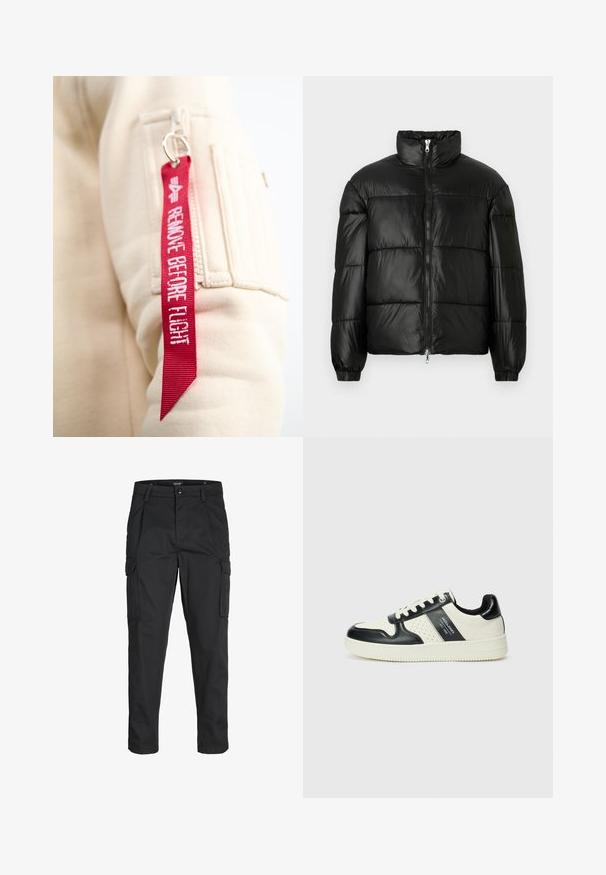 Giacca a vento nera con colletto alto, chiusura frontale con zip, design trapuntato, polsini elasticizzati e finitura in tessuto lucido e liscio.; Tessuto beige con una tasca con cerniera, con un'etichetta di tessuto rossa con la scritta bianca "REMOVE BEFORE FLIGHT", attaccata con un anello metallico per chiavi.; Pantaloni cargo neri realizzati in un tessuto resistente, dotati di molteplici tasche, chiusura con bottone e un design aderente con gambe affusolate.; Sneakers in pelle con una combinazione di colori nero e crema, dotati di dettagli perforati, collare imbottito e suola testurizzata.