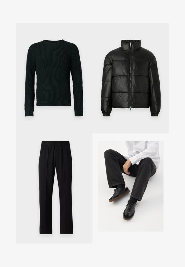 Black puffer jacket with a high collar, zip front closure, quilted design, elastic cuffs, and shiny, smooth fabric finish.; Black chunky knit crewneck sweater with long sleeves and ribbed cuffs and hem, displayed on a white background.; Black, elastic-waist trousers with a straight-leg design, featuring a smooth texture and no visible patterns or hardware.; Black sneakers with a smooth and textured upper, featuring a rubber sole and dark laces. Paired with black jeans and a white striped shirt.