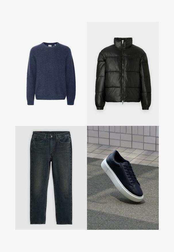 Juodas pūkinis švarkas su aukštu apykakle, užtrauktuko priekyje, siuvinėtu dizainu, elastingais rankogaliais ir blizgia, lygiąja audinio apdaila.; Tamsiai mėlynas megztinis su apvalia iškirpte, ilgomis rankovėmis ir raukšlėtu paviršiumi. Pagamintas iš švelnios ir jaukios medžiagos.; Tamsiai mėlynos džinsinės kelnės su tiesiu kirpimu, turinčios penkias kišenes, užtrauktuką ir kontrastingas siūles. Audinys šiek tiek nublukęs.; Juodas odinis sportbačius su apvaliu pirštu ir baltu gumuotu padu. Turi plokščias raišteles ir minimalų siuvimą viršuje. Padangos tekstūra užtikrina sukibimą.