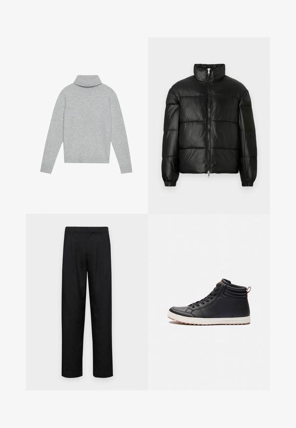 Casaco puffer preto com gola alta, fecho frontal em zíper, design acolchoado, punhos elásticos e acabamento de tecido brilhante e suave.; Suéter de gola alta cinza claro com colarinho e punhos canelados, confeccionado em material de malha suave. Apresenta um corte descontraído e cor sólida.; Calças pretas feitas de tecido suave, com um design de perna reta, dois pregas frontais e uma cintura padrão com passantes para cinto.; Sapatilhas altas pretas com um upper sintético liso, detalhes texturizados, fecho de atacadores na frente e sola de borracha creme em contraste.