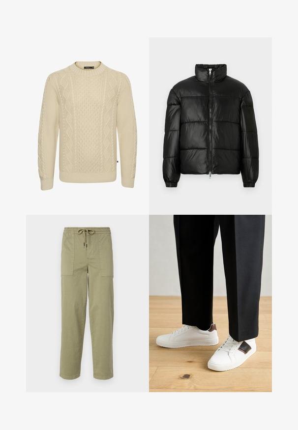Must mustaga jakker, millel on kõrge krae, luku esikinnitus, tikanditud disain, elastsed mansetid ja läikiv, sile kangast viimistlus.; Bež pehmealt kootud sviiter tekstuursete paeltega mustritega, ribiga ümar kaelus ja varrukad. Valmistatud pehmest, paksust lõngast sooja ja mugavuse tagamiseks.; Kerged oliivrohelised püksid, mis on valmistatud puuvilla segakangast, elastse vöökoha ja nööriga, ning kahel suurel küljeosal.; Valged sneakersid siledat tekstuurist, millel on pruunad nahast detailid ja mustad aksessuaarid, millele on sobitatud mustad kohandatud püksid. Puitpõranda taust.