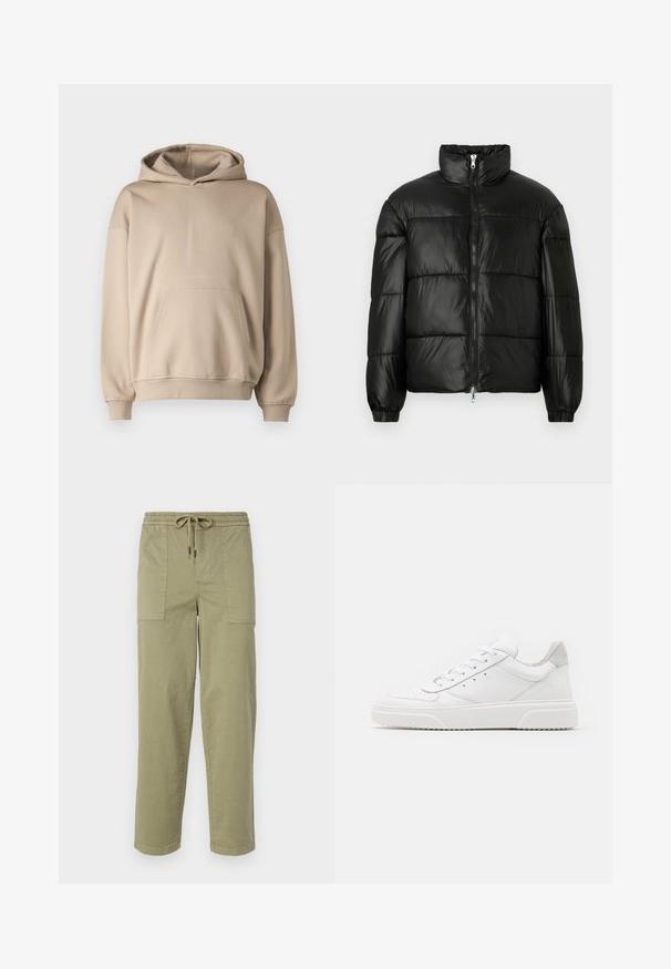 Black puffer jacket with a high collar, zip front closure, quilted design, elastic cuffs, and shiny, smooth fabric finish.; Beige hooded sweatshirt, soft fabric, loose fit, kangaroo pocket, ribbed cuffs and hem, minimalistic design, smooth texture.; Light olive green pants made of cotton blend fabric, featuring an elastic waistband with drawstring, and two large side pockets.; White leather sneakers with a smooth finish, rounded toe, flat laces, and a textured sole. Grey suede accent at the heel.