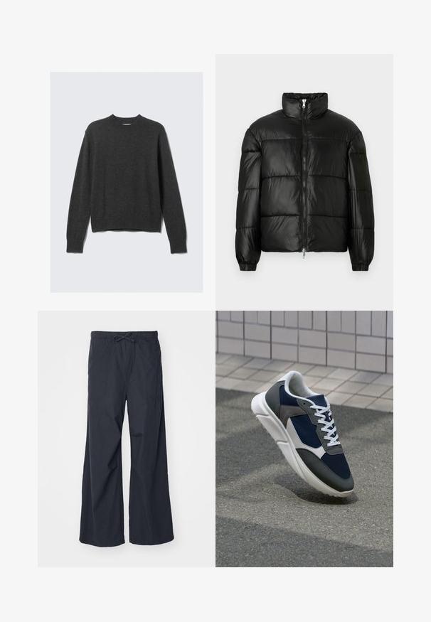 Black puffer jacket with a high collar, zip front closure, quilted design, elastic cuffs, and shiny, smooth fabric finish.; Dark gray knitted sweater with a round neckline, ribbed cuffs, and hem. The fabric has a smooth texture and features a relaxed fit design.; Wide-leg pants in solid black fabric, featuring an elastic waistband with a drawstring, and two side pockets. Smooth texture and casual design.; Sneaker featuring a navy blue mesh upper, gray suede accents, white rubber sole, and flat white laces, designed for comfort and breathability.