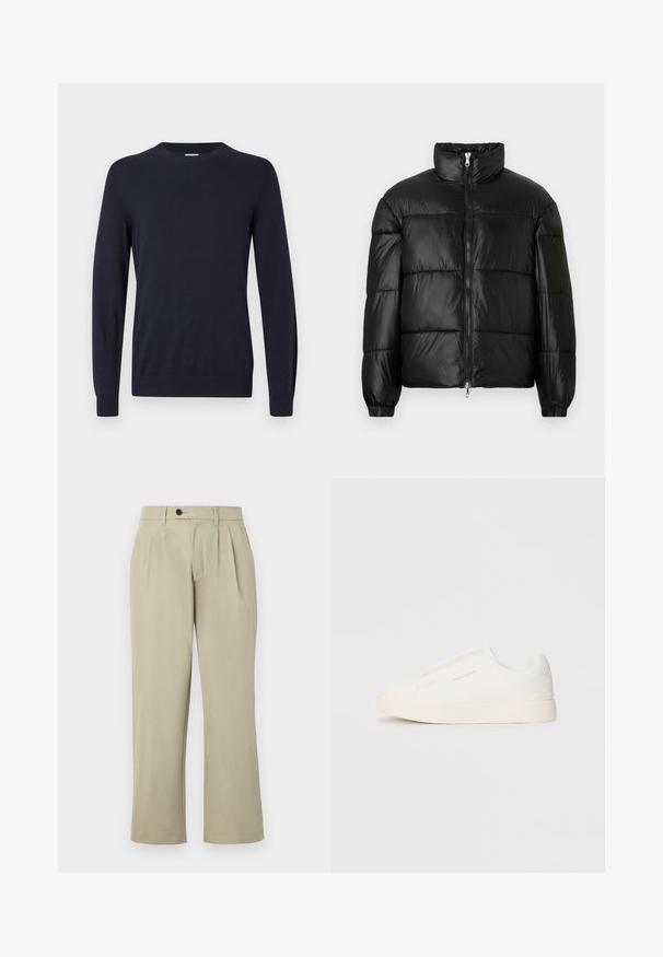 Casaco puffer preto com gola alta, fecho frontal em zíper, design acolchoado, punhos elásticos e acabamento de tecido brilhante e suave.; Pullover de malha azul-marinho com gola redonda, mangas longas e punhos canelados. Textura suave e design leve para conforto.; Calças bege com corte descontraído, apresentando pregas, fecho de botão, bolsos laterais e pernas retas. Textura de tecido suave.; Sapatilhas brancas de atacar com uma superfície texturizada, sola grossa e design minimalista. Possui o logo da marca na lateral.