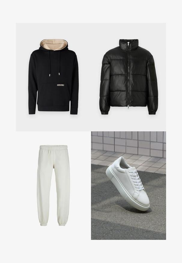 Giacca a vento nera con colletto alto, chiusura frontale con zip, design trapuntato, polsini elasticizzati e finitura in tessuto lucido e liscio.; Felpa nera con interno beige, cordini, tasca frontale e logo sul petto. Realizzata in tessuto morbido con polsini e orlo a costine.; Pantaloni tuta bianchi realizzati in tessuto morbido, dotati di vita e polsini elastici, con una texture liscia e una vestibilità ampia.; Sneaker bianco in pelle con superficie liscia, punta rotonda e lacci piatti bianchi. Presenta una suola in gomma texturizzata e un design minimale.