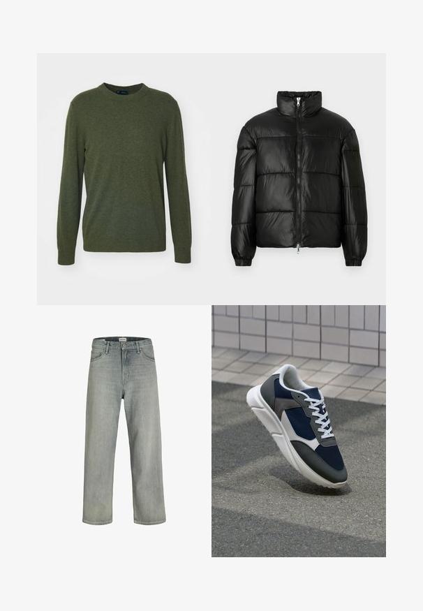 Geacă neagră din material puffy, cu guler înalt, închidere cu fermoar pe față, design matlasat, mansete elastice și finisaj din țesătură lucioasă și netedă.; GAP CASHSOFT CREW - Pulover - green heather; Jeans decolorate, cu croială confortabilă, realizate din denim. Prezentă un design clasic cu cinci buzunare, bucle pentru curea și o siluetă dreaptă.; Adidași cu un uppers din plasă albastră închisă, accente din suede gri, talpă din cauciuc alb și șireturi plate albe, concepuți pentru confort și respirabilitate.