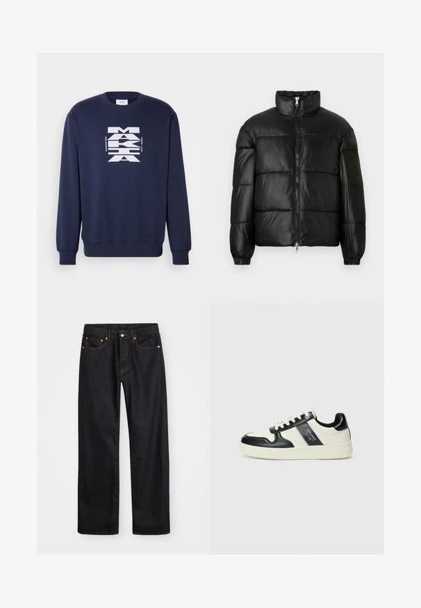 Černá péřová bunda s vysokým límcem, zapínáním na zip, prošívaným designem, elastickými manžetami a lesklým, hladkým povrchem.; Námořnická modrá mikina vyrobená z bavlny, sevelkým bílým grafickým potiskem na přední straně. Dlouhé rukávy s žebrovanými manžetami a lemem.; Pánské černé džíny rovného střihu s pěti kapsami a oranžovým prošíváním, s knoflíkem a zipem na předním pásku.; Kožené tenisky s černobílou barevnou kombinací, které mají perforované detaily, polstrovaný límec a texturovanou podrážku.