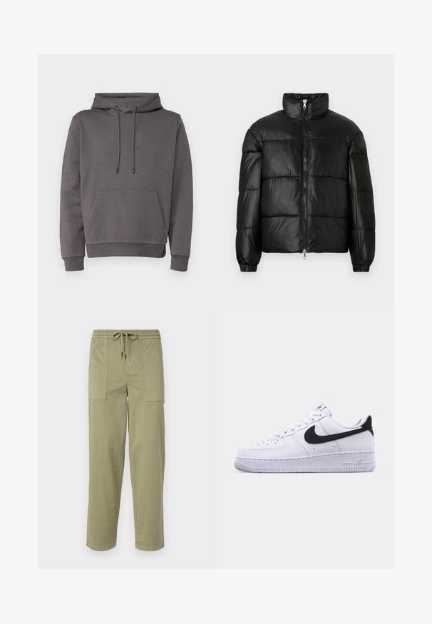 Must mustaga jakker, millel on kõrge krae, luku esikinnitus, tikanditud disain, elastsed mansetid ja läikiv, sile kangast viimistlus.; Hallikas kapuutsiga sviiter, mis on valmistatud pehmest materjalist, varustatud känguru tasku, reguleeritava paelaga kapuuts ja soonikkoes mansetid ning äär.; Kerged oliivrohelised püksid, mis on valmistatud puuvilla segakangast, elastse vöökoha ja nööriga, ning kahel suurel küljeosal.; Valge nahast toss musta tekstuuriga Swooshiga, lamedate nööridega ja kummist tallaga, millel on sooneline muster. "AIR" on reljeefne kandadel.