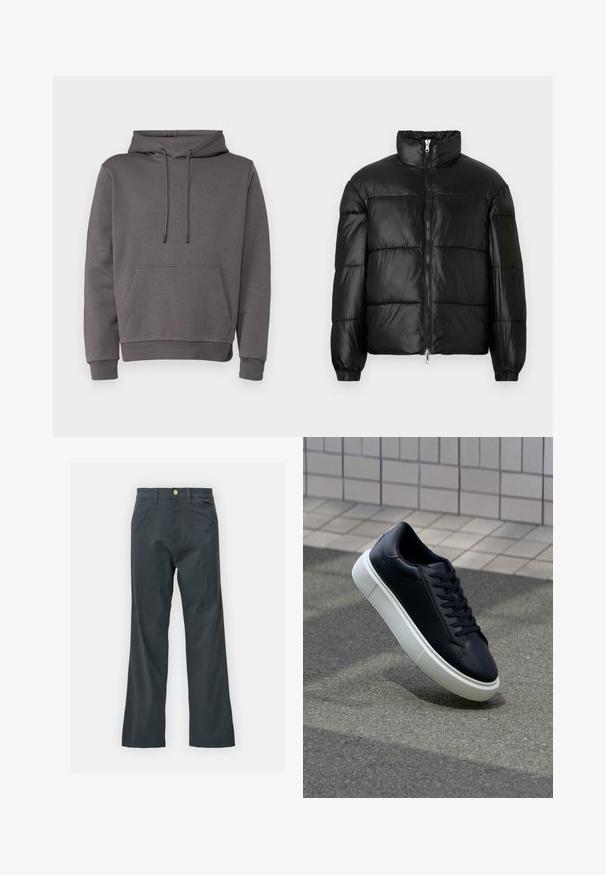 Čierna páperová bunda s vysokým golierom, predným zipsom, prešívaným dizajnom, elastickými manžetami a lesklým hladkým materiálom.; Sivá mikina z mäkkého materiálu, ktorá má klokanie vrecko, nastaviteľnú kapucňu so šnúrkou a rebrové manžety a spodný lem.; Čierne nohavice so straight leg strihom, vyrobené z bavlnenej zmesi. Majú kovové zapínanie a bočné vrecká. Bez viditeľných vzorov.; Čierne kožené tenisky s okrúhlou špičkou a bielou gumovou podrážkou. Majú ploché šnúrky a minimálne šitie na vrchu. Textúrovaná podrážka pre lepšiu priľnavosť.