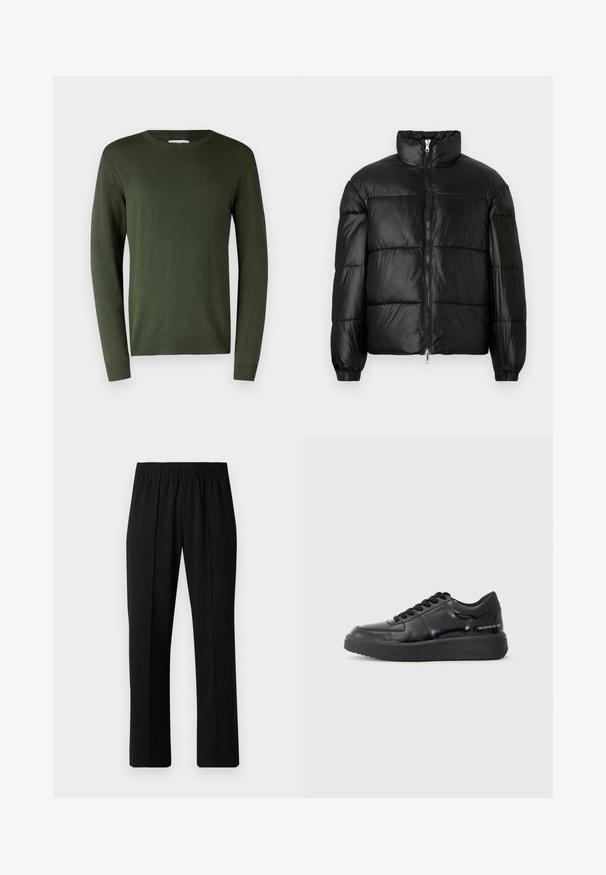 Černá péřová bunda s vysokým límcem, zapínáním na zip, prošívaným designem, elastickými manžetami a lesklým, hladkým povrchem.; Olivově zelený, lehký svetr s kulatým výstřihem, dlouhými rukávy a žebrovanými manžetami a lemem. Hladká textura a jednoduchý design.; Černé kalhoty s elastickým pasem a rovnými nohavicemi, s hladkým povrchem a bez viditelných vzorů nebo kovových doplňků.; Černé kožené tenisky s hladkým povrchem, kulatou špičkou a kontrastní černou gumovou podrážkou. Mají ploché tkaničky a značkování na boku.